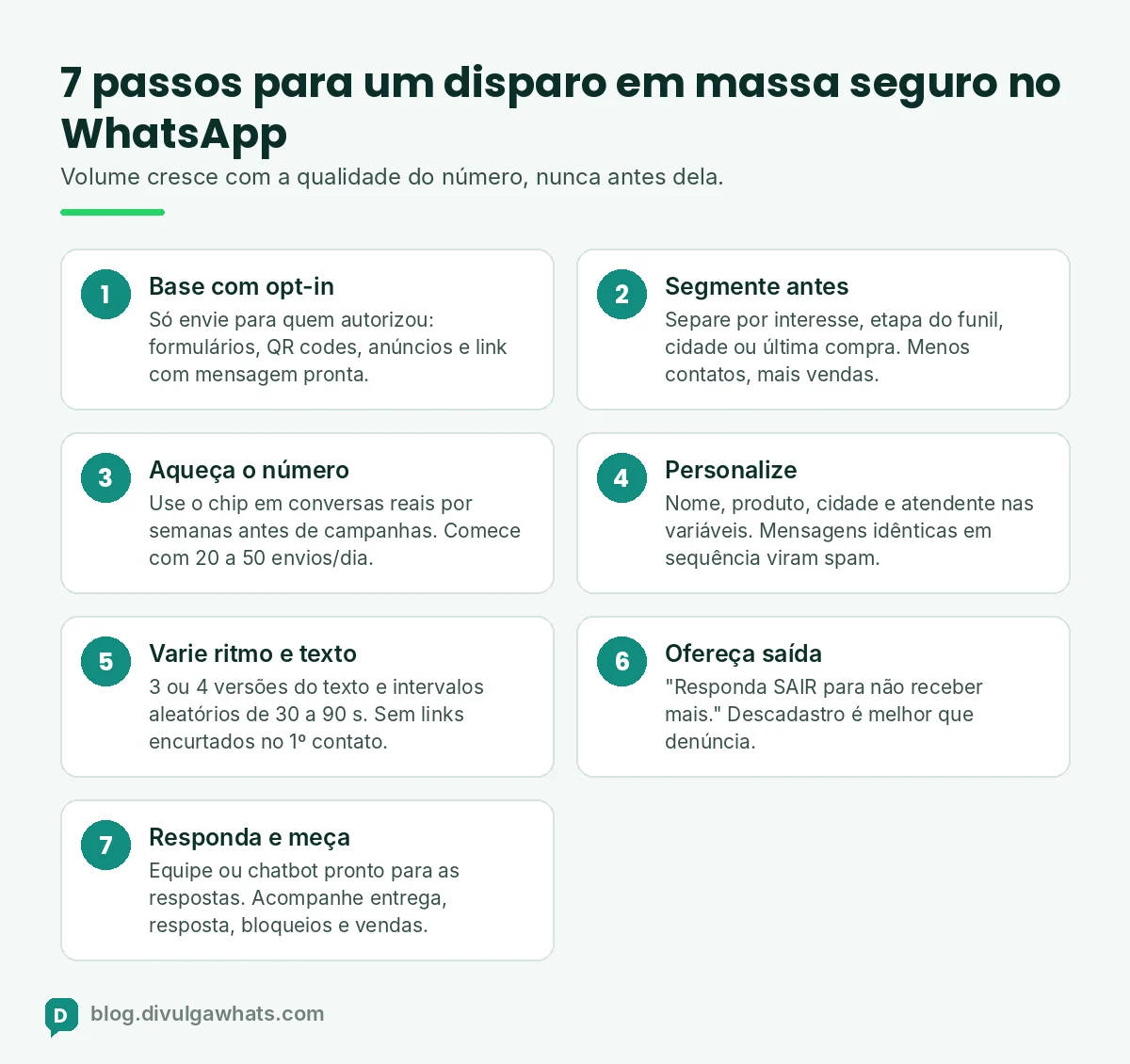 Infográfico com os 7 passos para fazer disparo em massa no WhatsApp com segurança